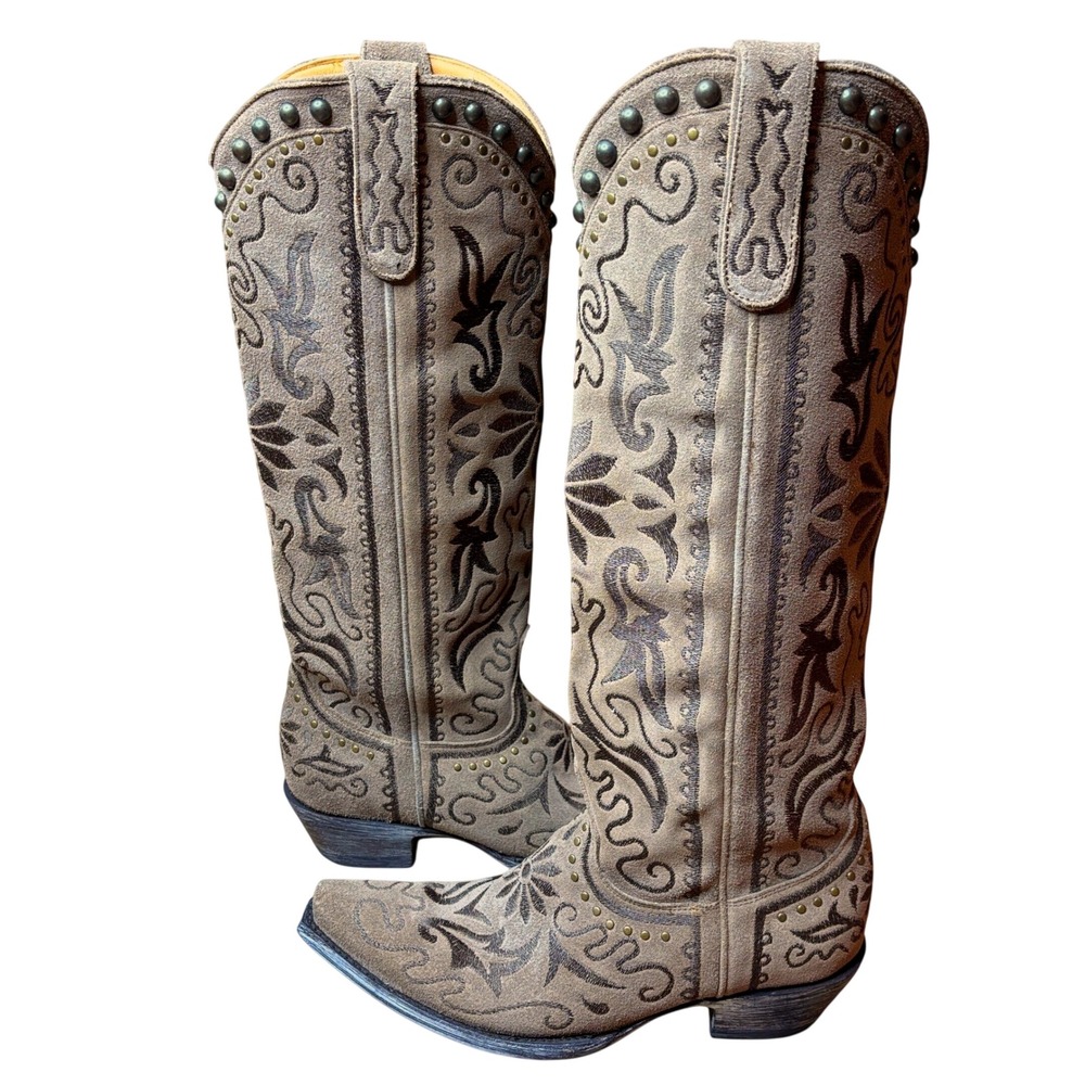 Old Gringo Nairoby Cashmere Taupe Suede Embroidered Studded Cowboy Boots Size 9